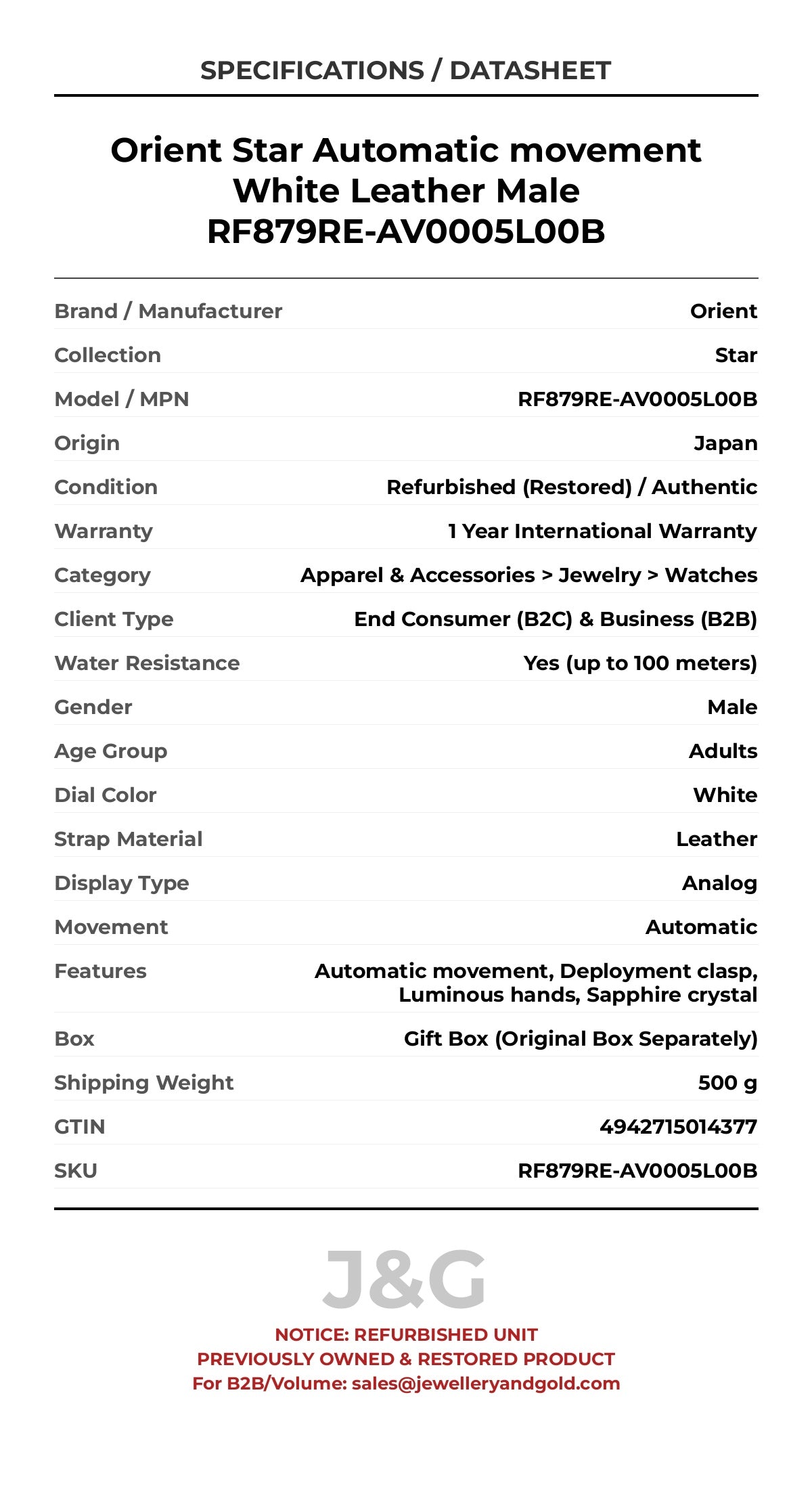 Orient Star Automatic movement White Leather Male RF879RE-AV0005L00B - Specifications