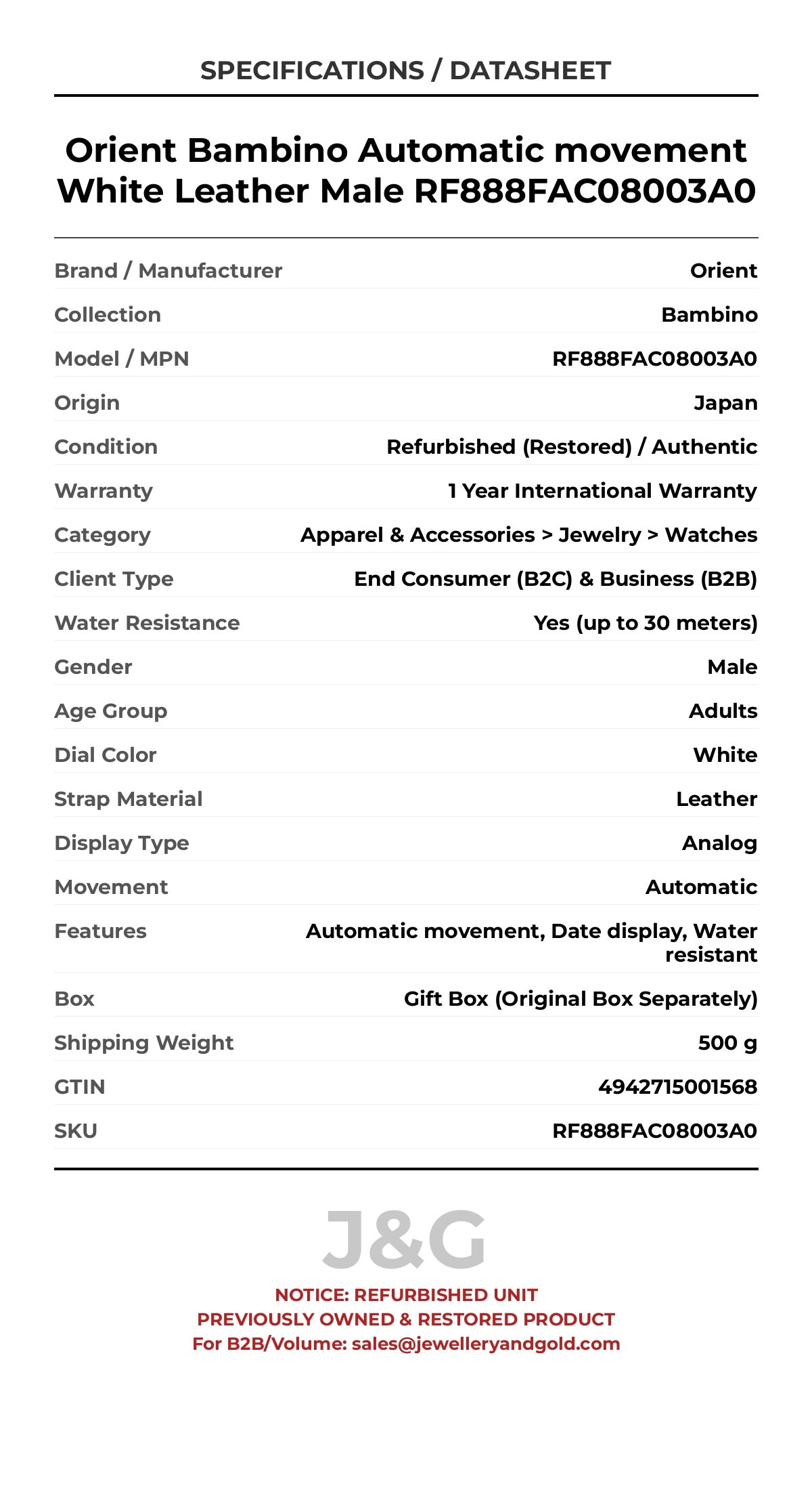 Orient Bambino Automatic movement White Leather Male RF888FAC08003A0 - Specifications