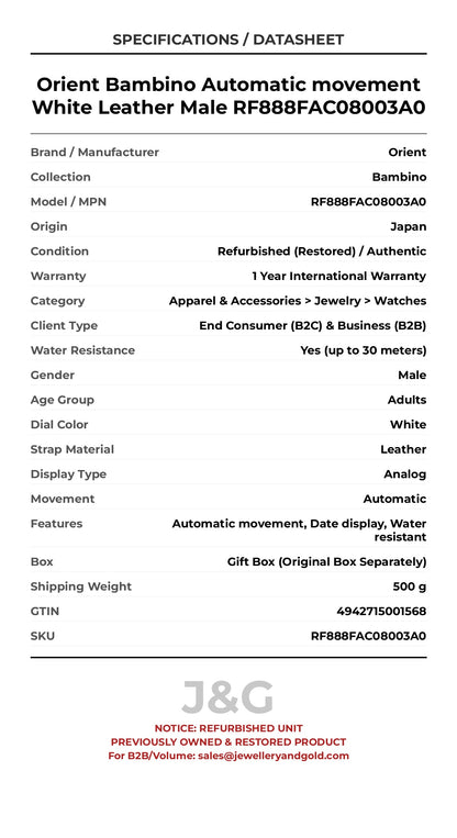 Orient Bambino Automatic movement White Leather Male RF888FAC08003A0 - Specifications