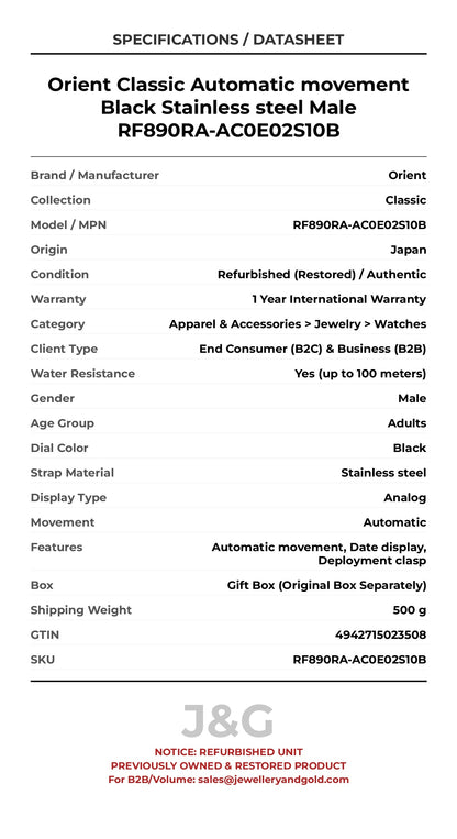 Orient Classic Automatic movement Black Stainless steel Male RF890RA-AC0E02S10B - Specifications