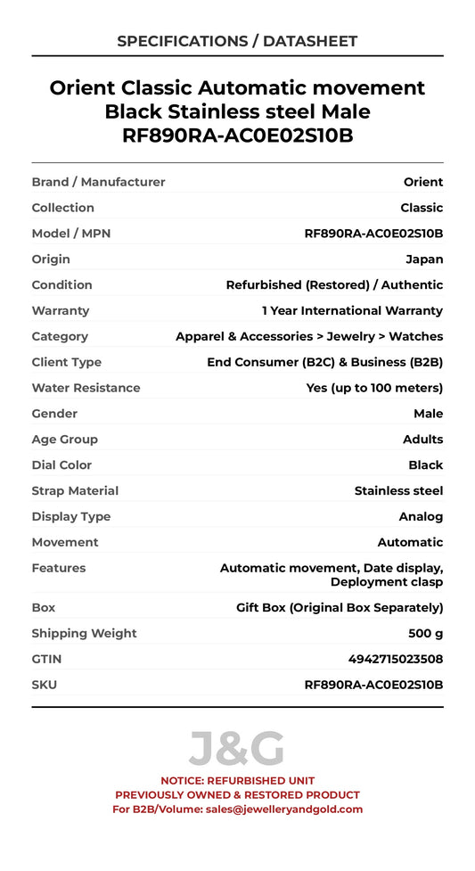Orient Classic Automatic movement Black Stainless steel Male RF890RA-AC0E02S10B - Specifications
