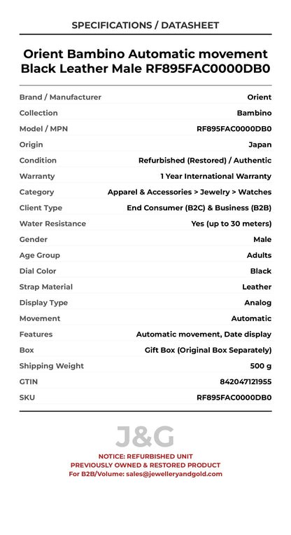 Orient Bambino Automatic movement Black Leather Male RF895FAC0000DB0 - Specifications