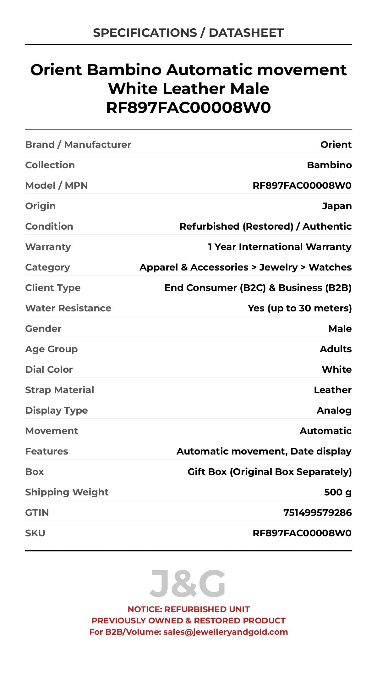 Orient Bambino Automatic movement White Leather Male RF897FAC00008W0 - Specifications