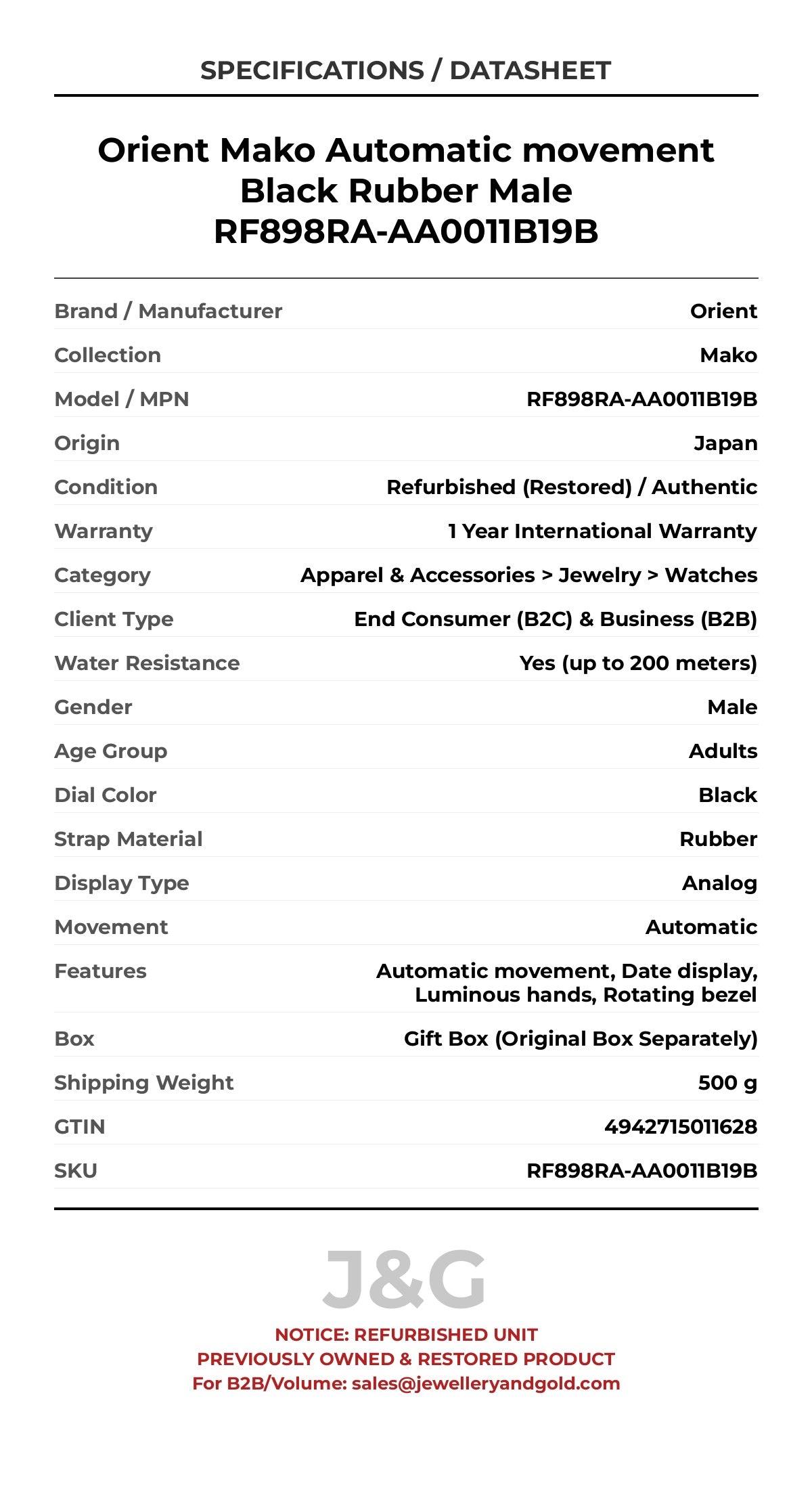 Orient Mako Automatic movement Black Rubber Male RF898RA-AA0011B19B - Specifications
