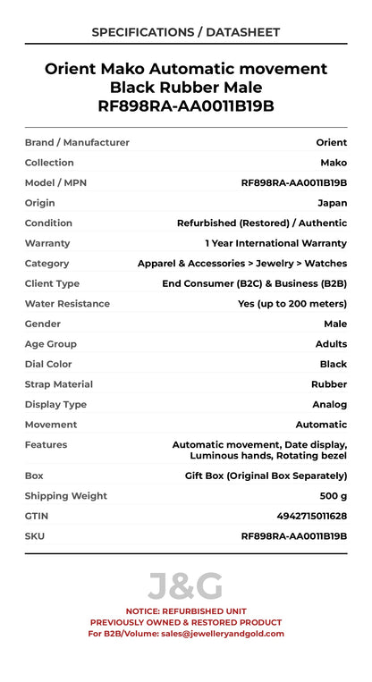 Orient Mako Automatic movement Black Rubber Male RF898RA-AA0011B19B - Specifications