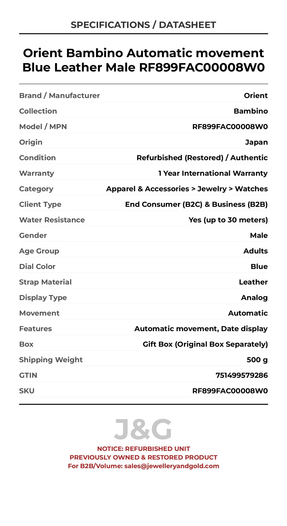 Orient Bambino Automatic movement Blue Leather Male RF899FAC00008W0 - Specifications
