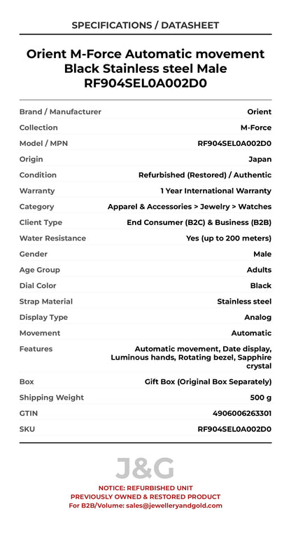 Orient M-Force Automatic movement Black Stainless steel Male RF904SEL0A002D0 - Specifications