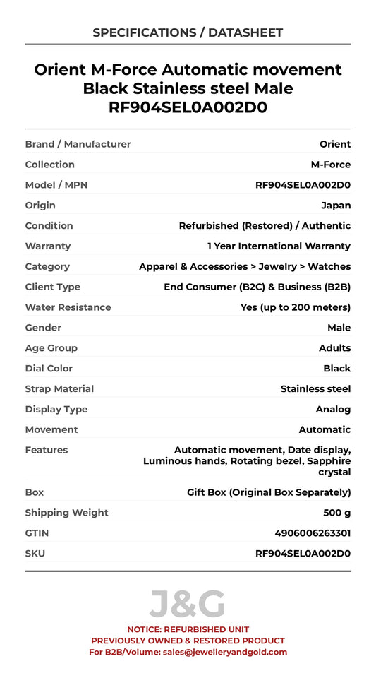Orient M-Force Automatic movement Black Stainless steel Male RF904SEL0A002D0 - Specifications