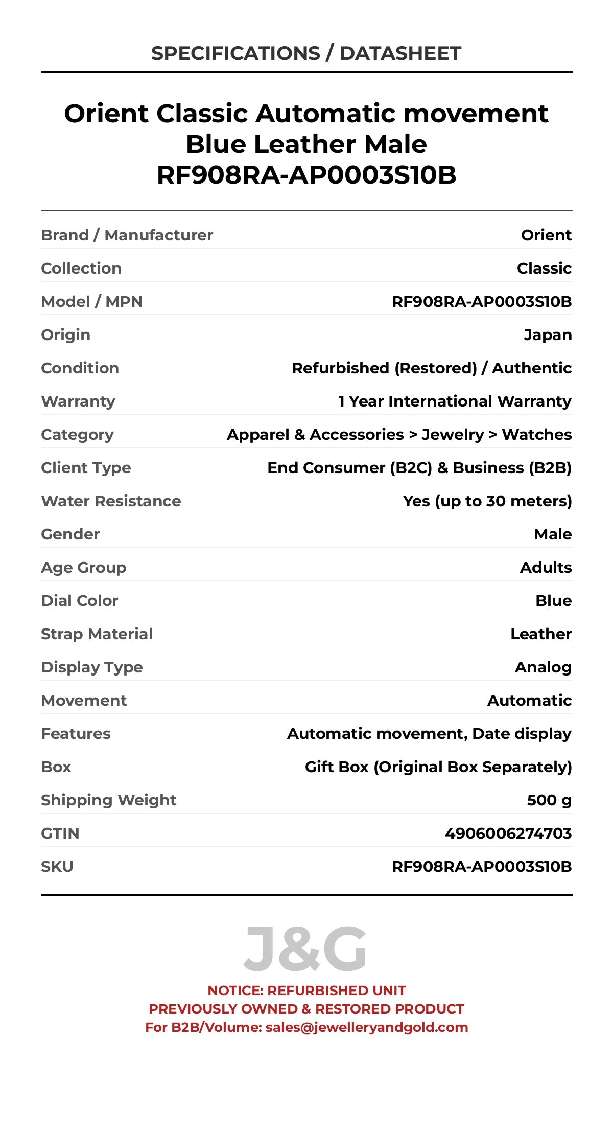 Orient Classic Automatic movement Blue Leather Male RF908RA-AP0003S10B - Specifications