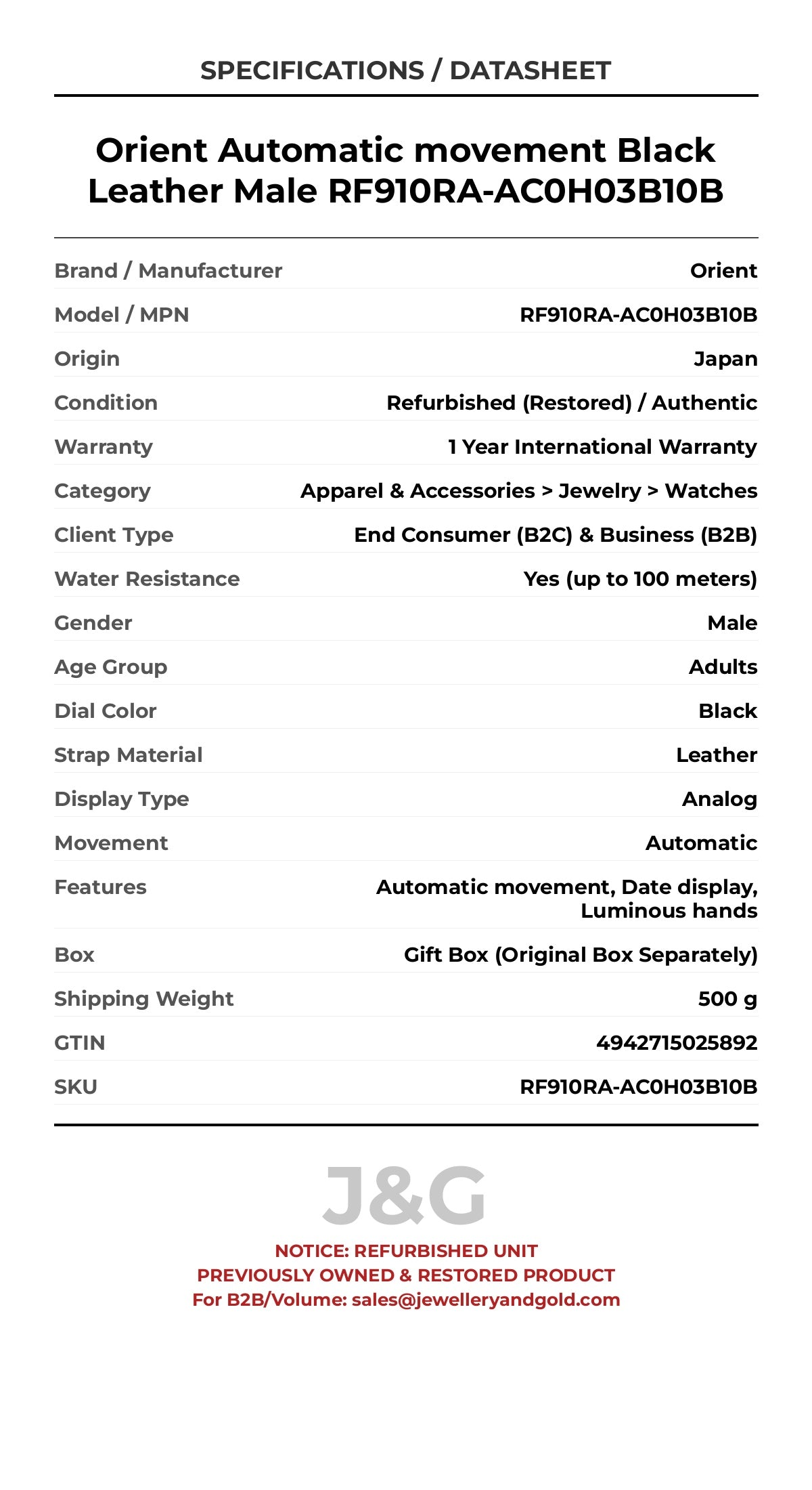 Orient Automatic movement Black Leather Male RF910RA-AC0H03B10B - Specifications