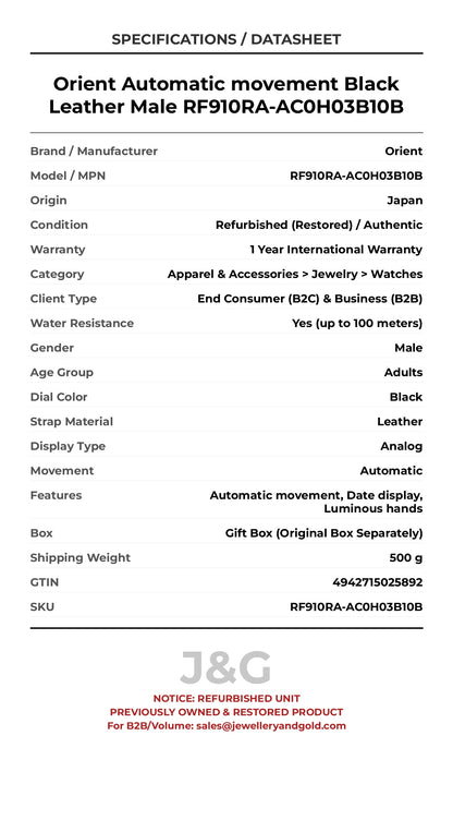 Orient Automatic movement Black Leather Male RF910RA-AC0H03B10B - Specifications