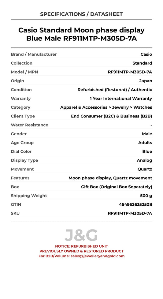 Casio Standard Moon phase display Blue Male RF911MTP-M305D-7A - Specifications