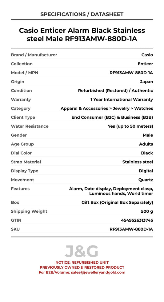 Casio Enticer Alarm Black Stainless steel Male RF913AMW-880D-1A - Specifications