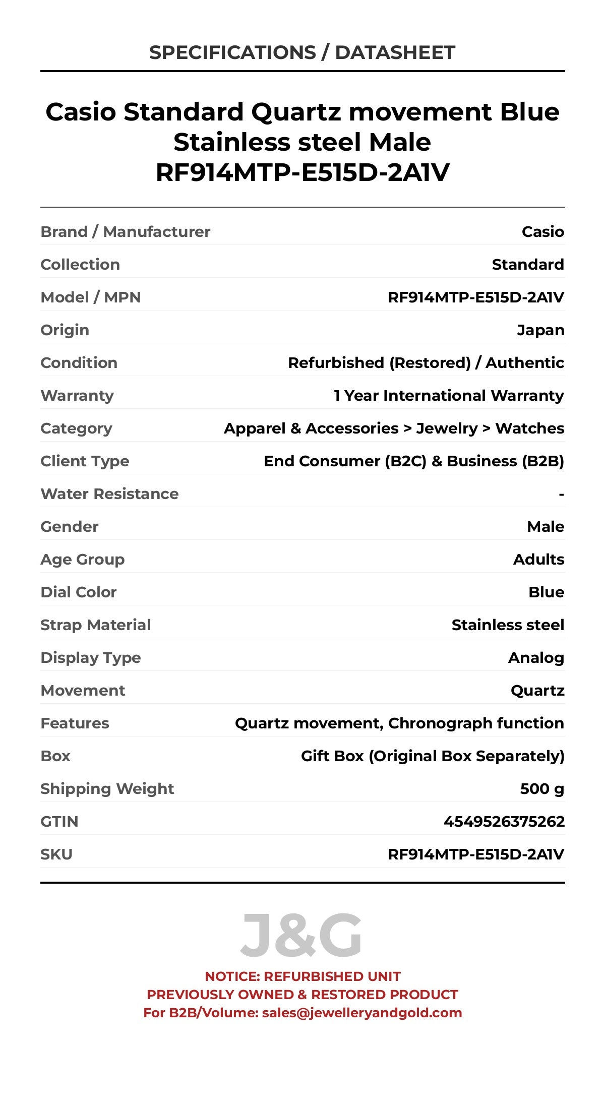 Casio Standard Quartz movement Blue Stainless steel Male RF914MTP-E515D-2A1V - Specifications