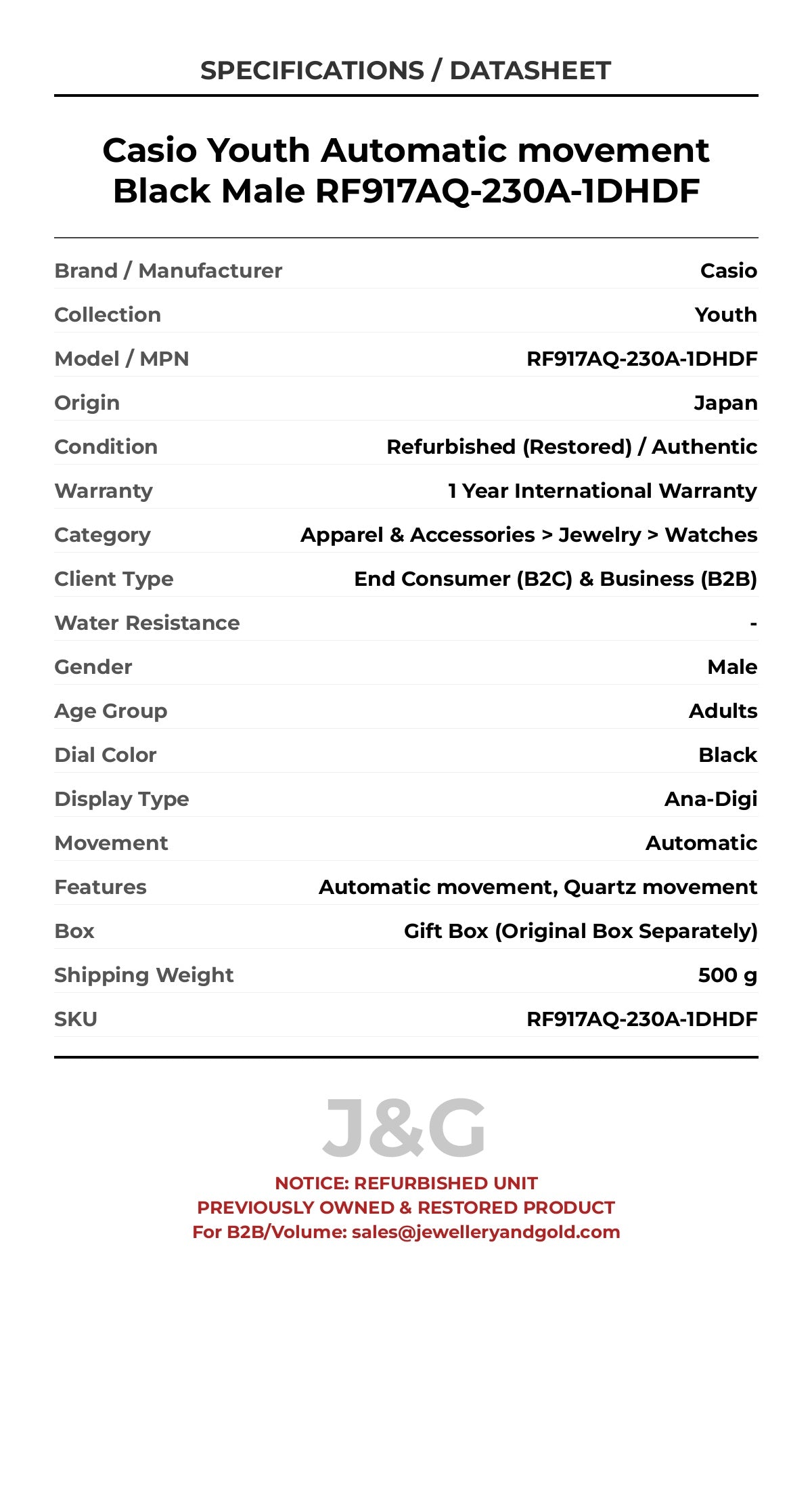 Casio Youth Automatic movement Black Male RF917AQ-230A-1DHDF - Specifications