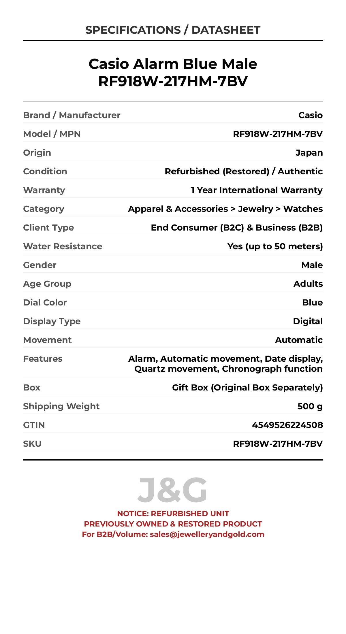 Casio Alarm Blue Male RF918W-217HM-7BV - Specifications