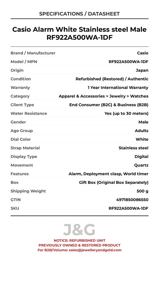 Casio Alarm White Stainless steel Male RF922A500WA-1DF - Specifications