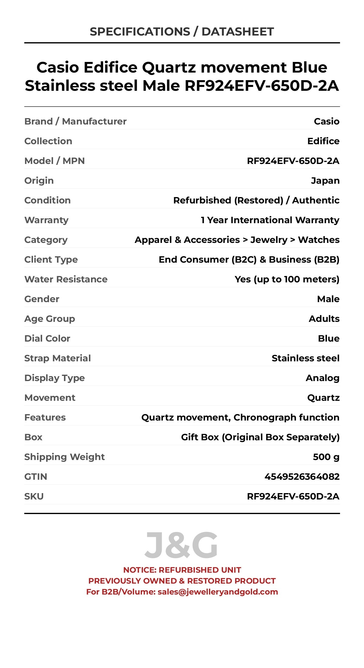 Casio Edifice Quartz movement Blue Stainless steel Male RF924EFV-650D-2A - Specifications