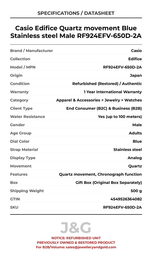 Casio Edifice Quartz movement Blue Stainless steel Male RF924EFV-650D-2A - Specifications