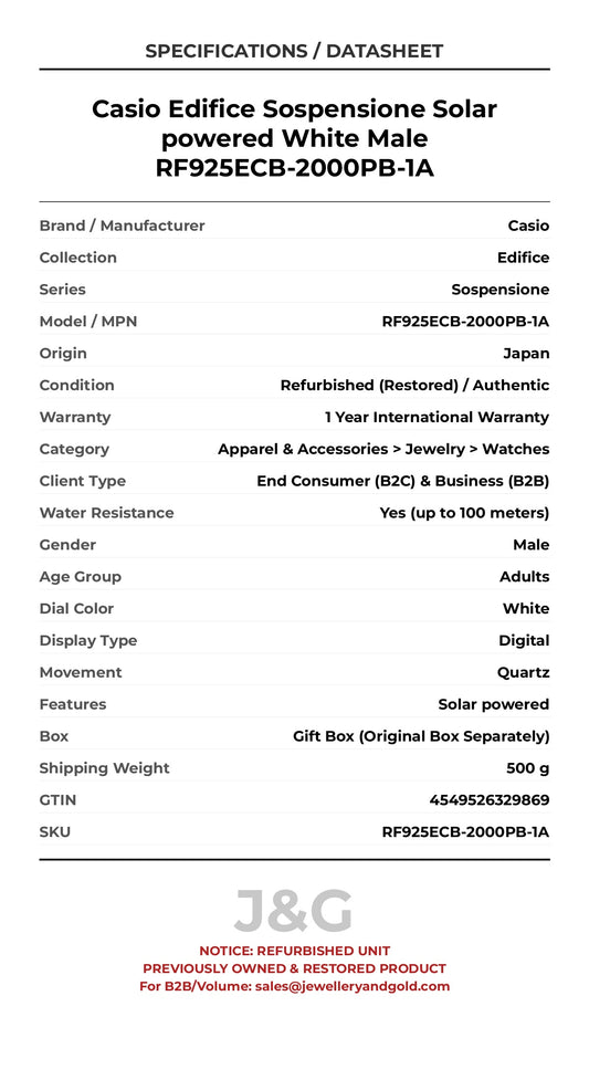Casio Edifice Sospensione Solar powered White Male RF925ECB-2000PB-1A - Specifications