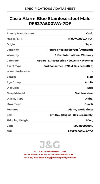 Casio Alarm Blue Stainless steel Male RF927A500WA-7DF - Specifications