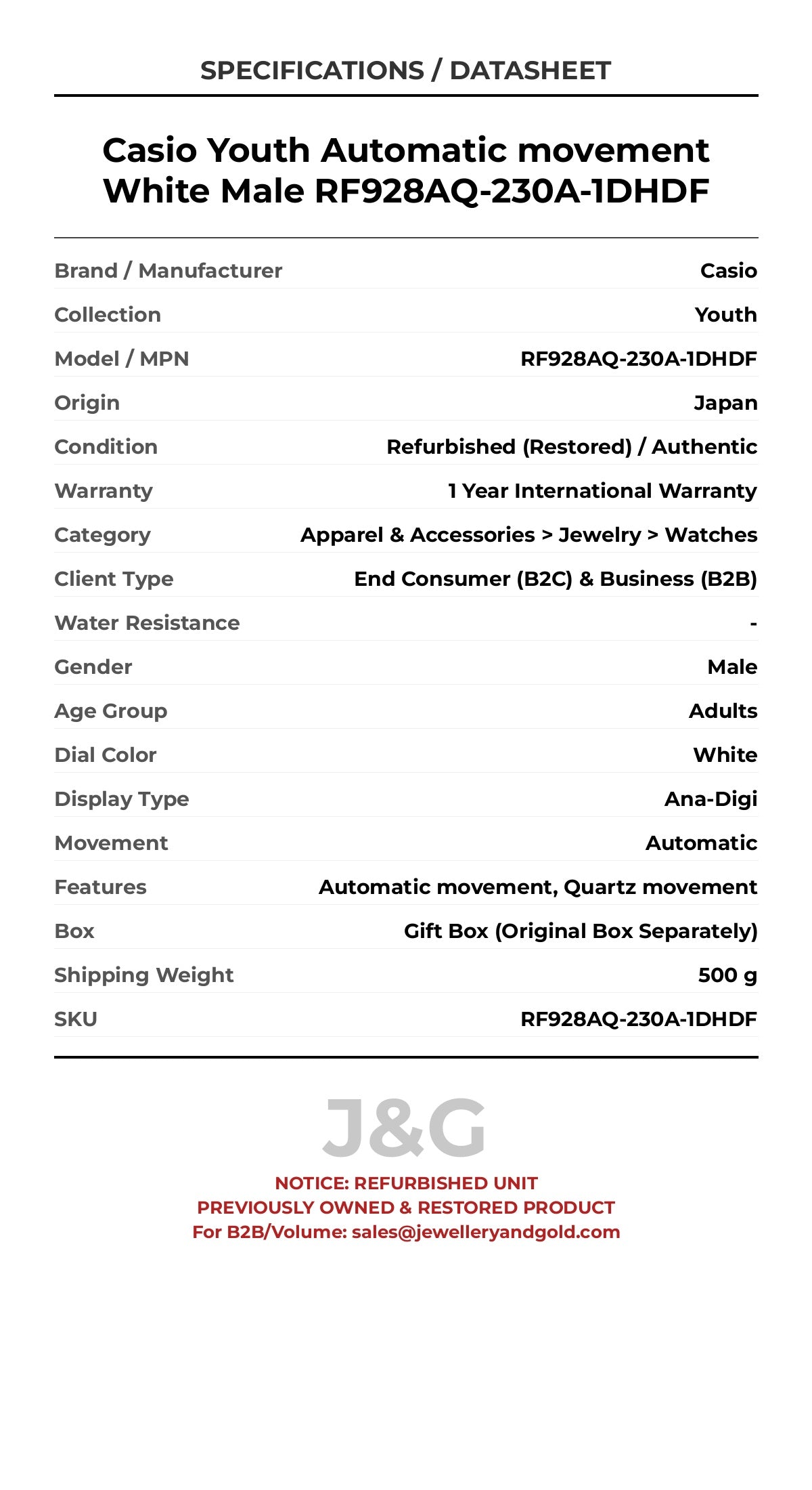 Casio Youth Automatic movement White Male RF928AQ-230A-1DHDF - Specifications
