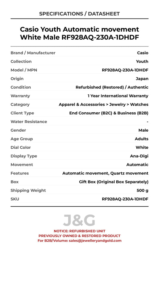 Casio Youth Automatic movement White Male RF928AQ-230A-1DHDF - Specifications