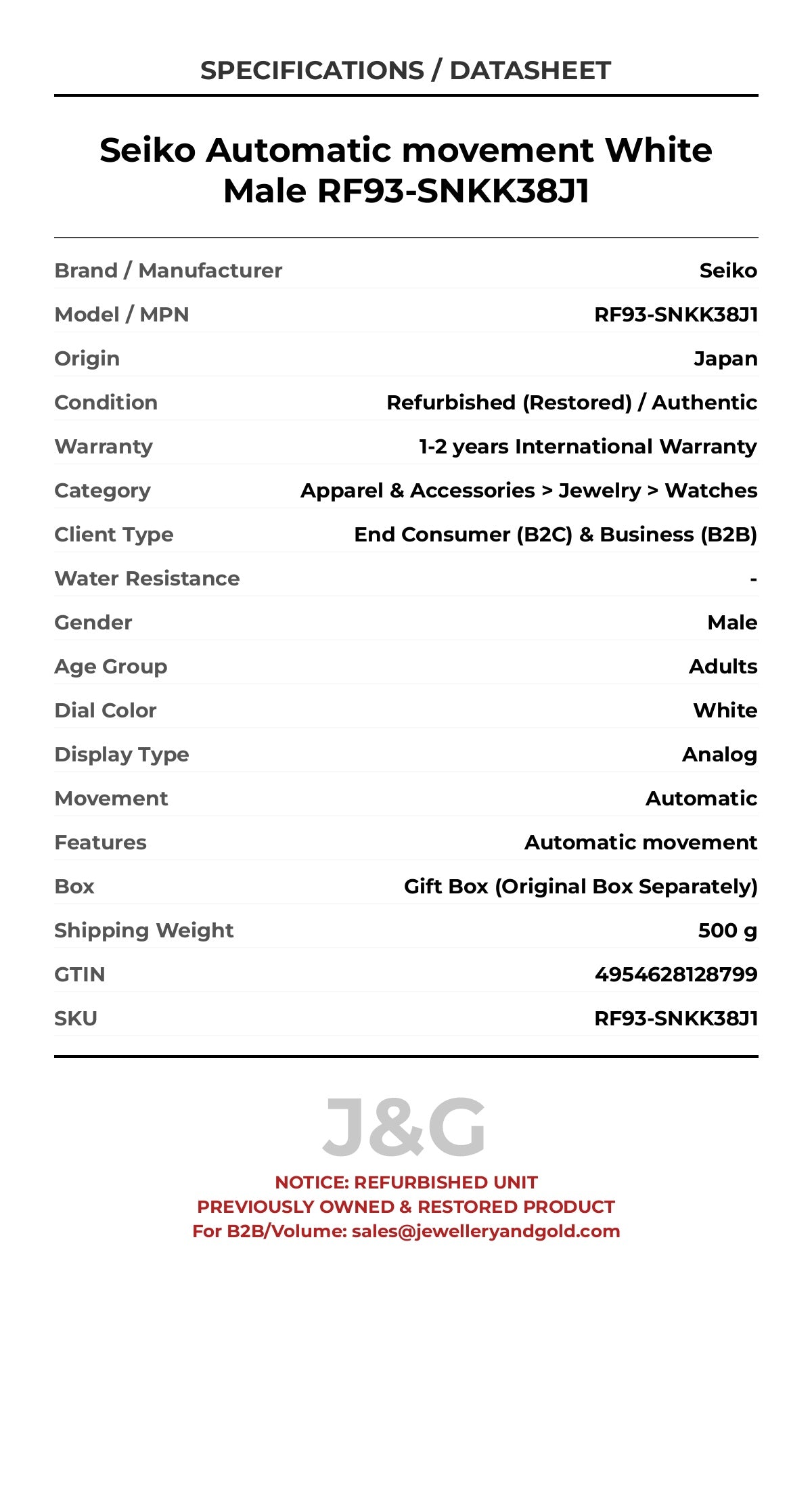 Seiko Automatic movement White Male RF93-SNKK38J1 - Specifications