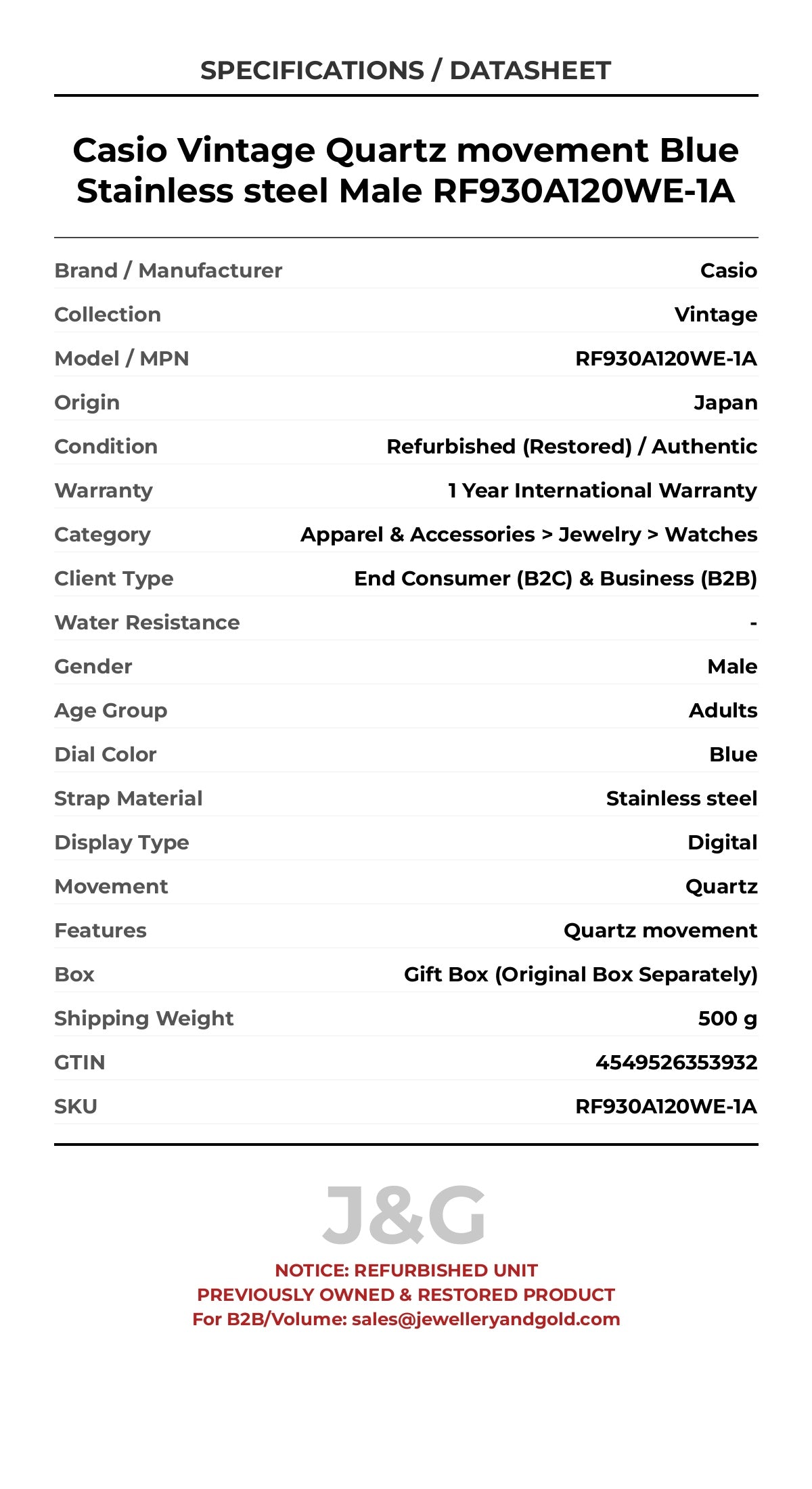 Casio Vintage Quartz movement Blue Stainless steel Male RF930A120WE-1A - Specifications
