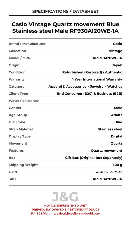 Casio Vintage Quartz movement Blue Stainless steel Male RF930A120WE-1A - Specifications
