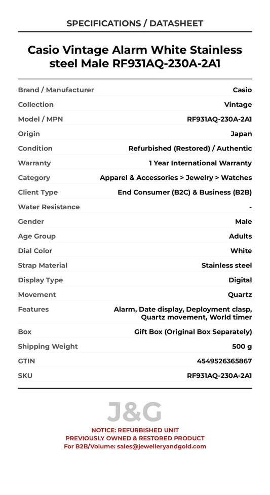Casio Vintage Alarm White Stainless steel Male RF931AQ-230A-2A1 - Specifications