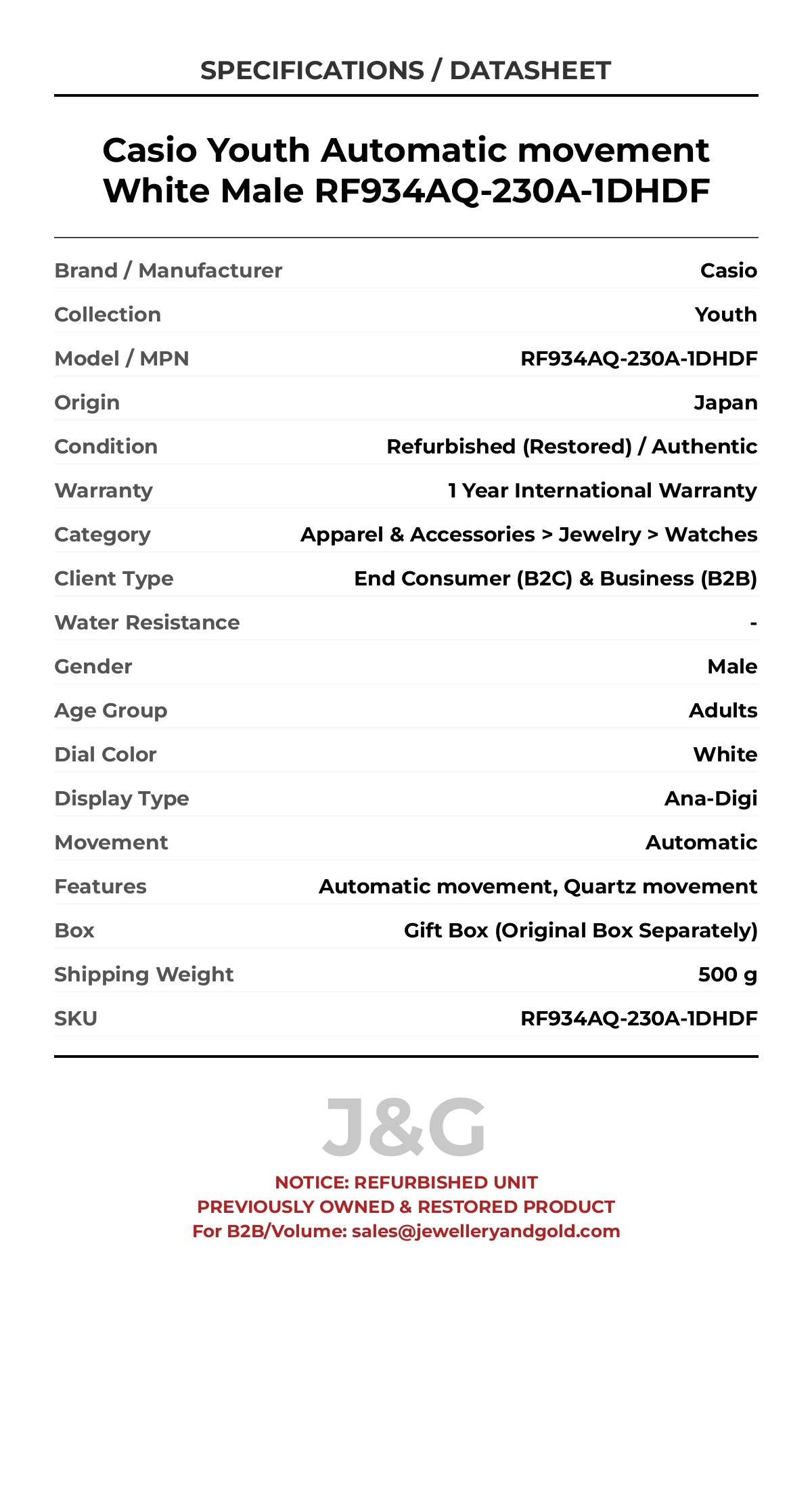Casio Youth Automatic movement White Male RF934AQ-230A-1DHDF - Specifications