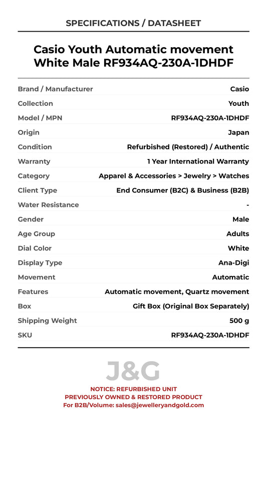 Casio Youth Automatic movement White Male RF934AQ-230A-1DHDF - Specifications