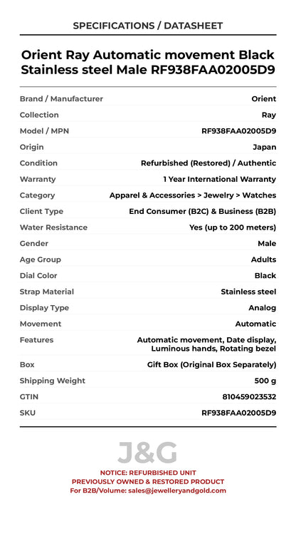 Orient Ray Automatic movement Black Stainless steel Male RF938FAA02005D9 - Specifications