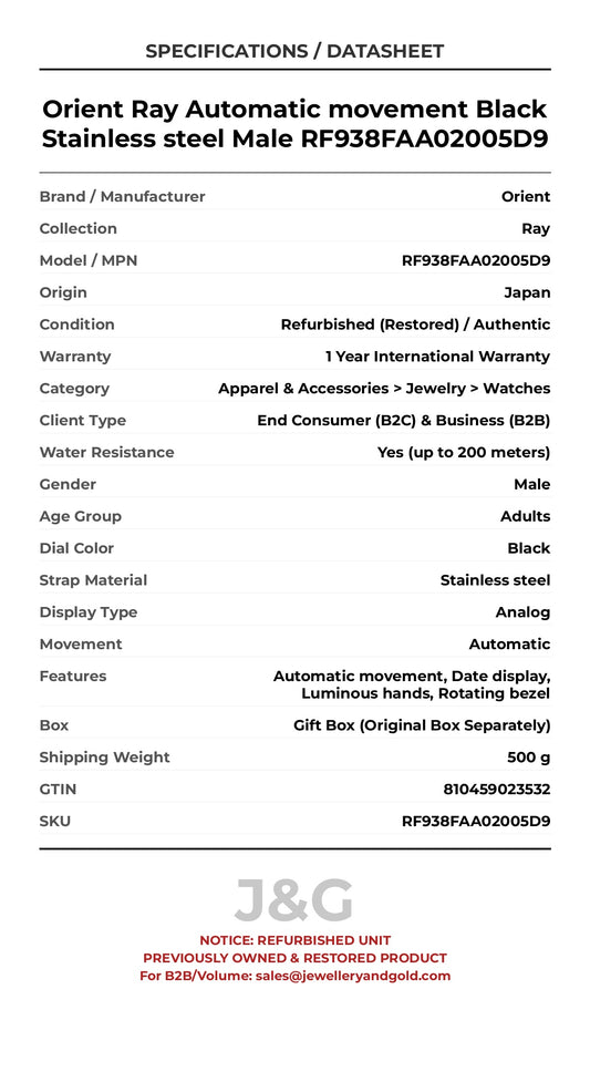 Orient Ray Automatic movement Black Stainless steel Male RF938FAA02005D9 - Specifications