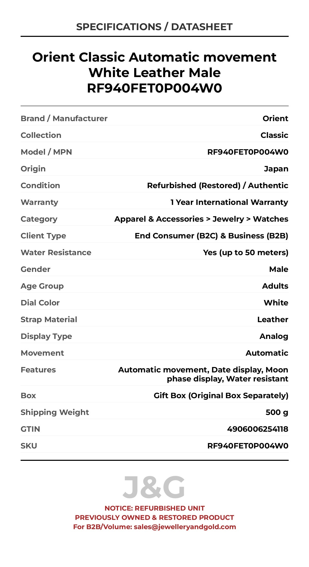 Orient Classic Automatic movement White Leather Male RF940FET0P004W0 - Specifications