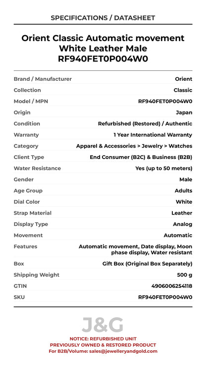 Orient Classic Automatic movement White Leather Male RF940FET0P004W0 - Specifications