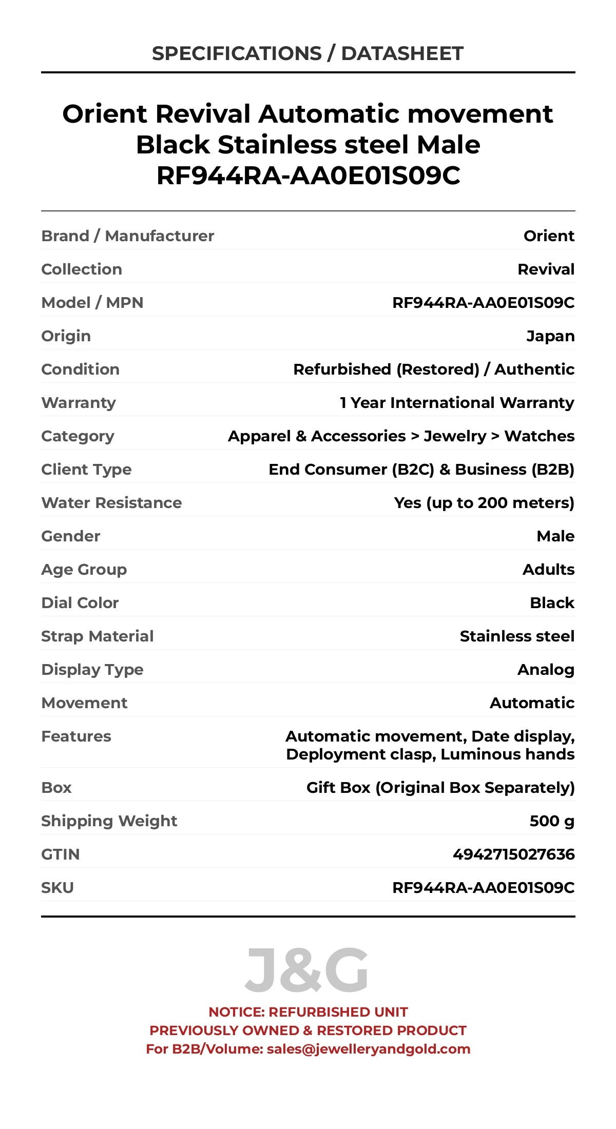 Orient Revival Automatic movement Black Stainless steel Male RF944RA-AA0E01S09C - Specifications