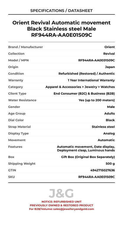 Orient Revival Automatic movement Black Stainless steel Male RF944RA-AA0E01S09C - Specifications