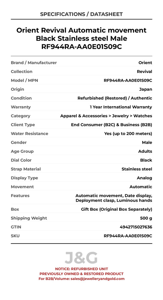 Orient Revival Automatic movement Black Stainless steel Male RF944RA-AA0E01S09C - Specifications