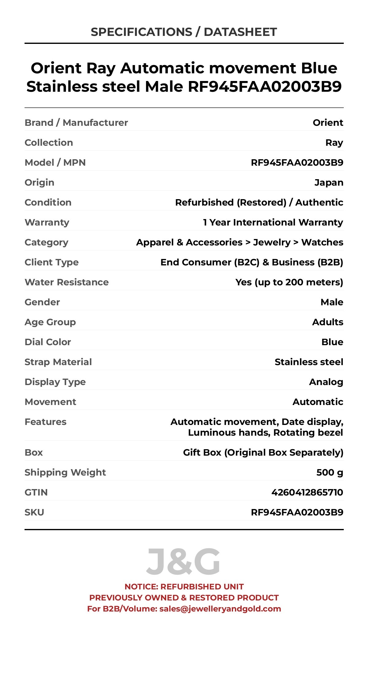 Orient Ray Automatic movement Blue Stainless steel Male RF945FAA02003B9 - Specifications