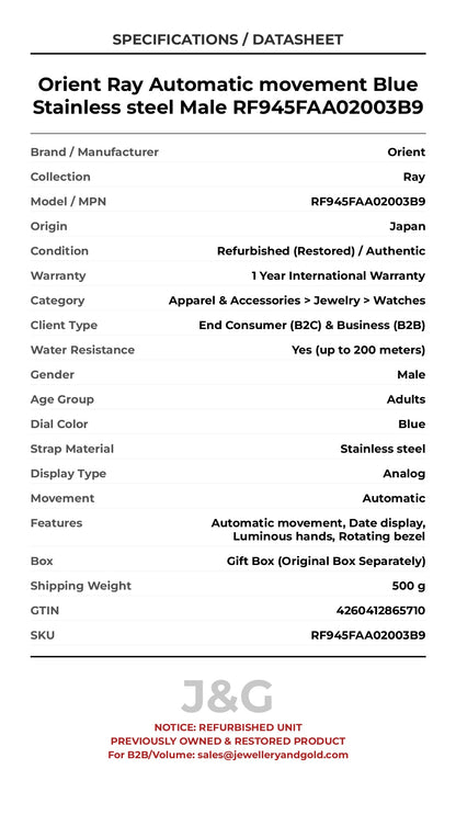 Orient Ray Automatic movement Blue Stainless steel Male RF945FAA02003B9 - Specifications