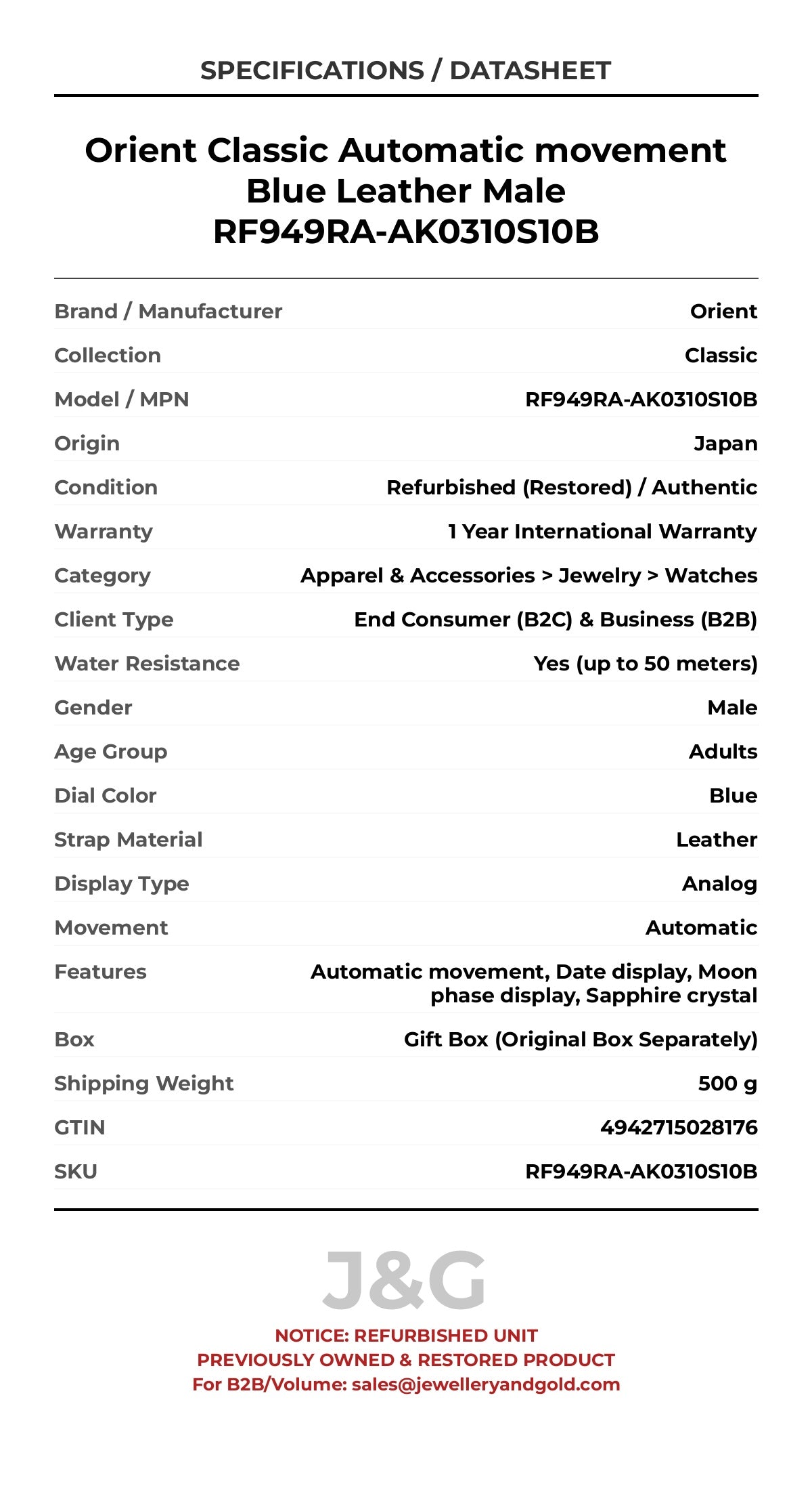 Orient Classic Automatic movement Blue Leather Male RF949RA-AK0310S10B - Specifications