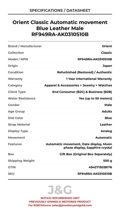Orient Classic Automatic movement Blue Leather Male RF949RA-AK0310S10B - Specifications