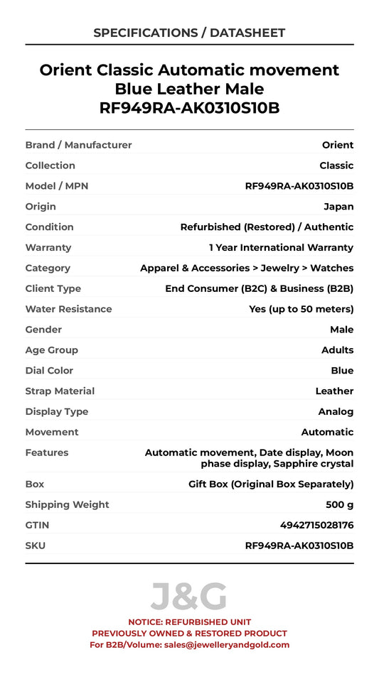 Orient Classic Automatic movement Blue Leather Male RF949RA-AK0310S10B - Specifications
