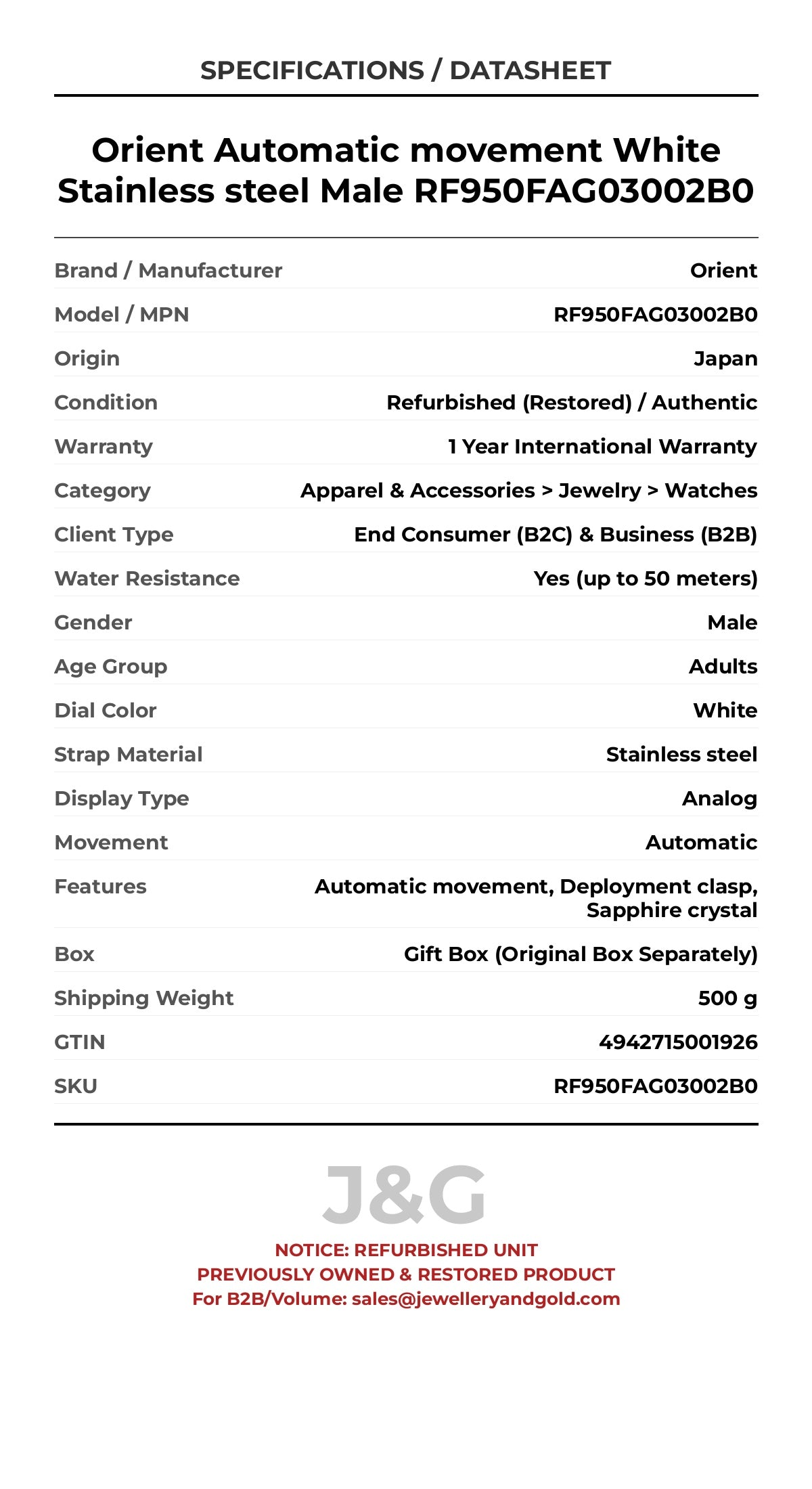 Orient Automatic movement White Stainless steel Male RF950FAG03002B0 - Specifications
