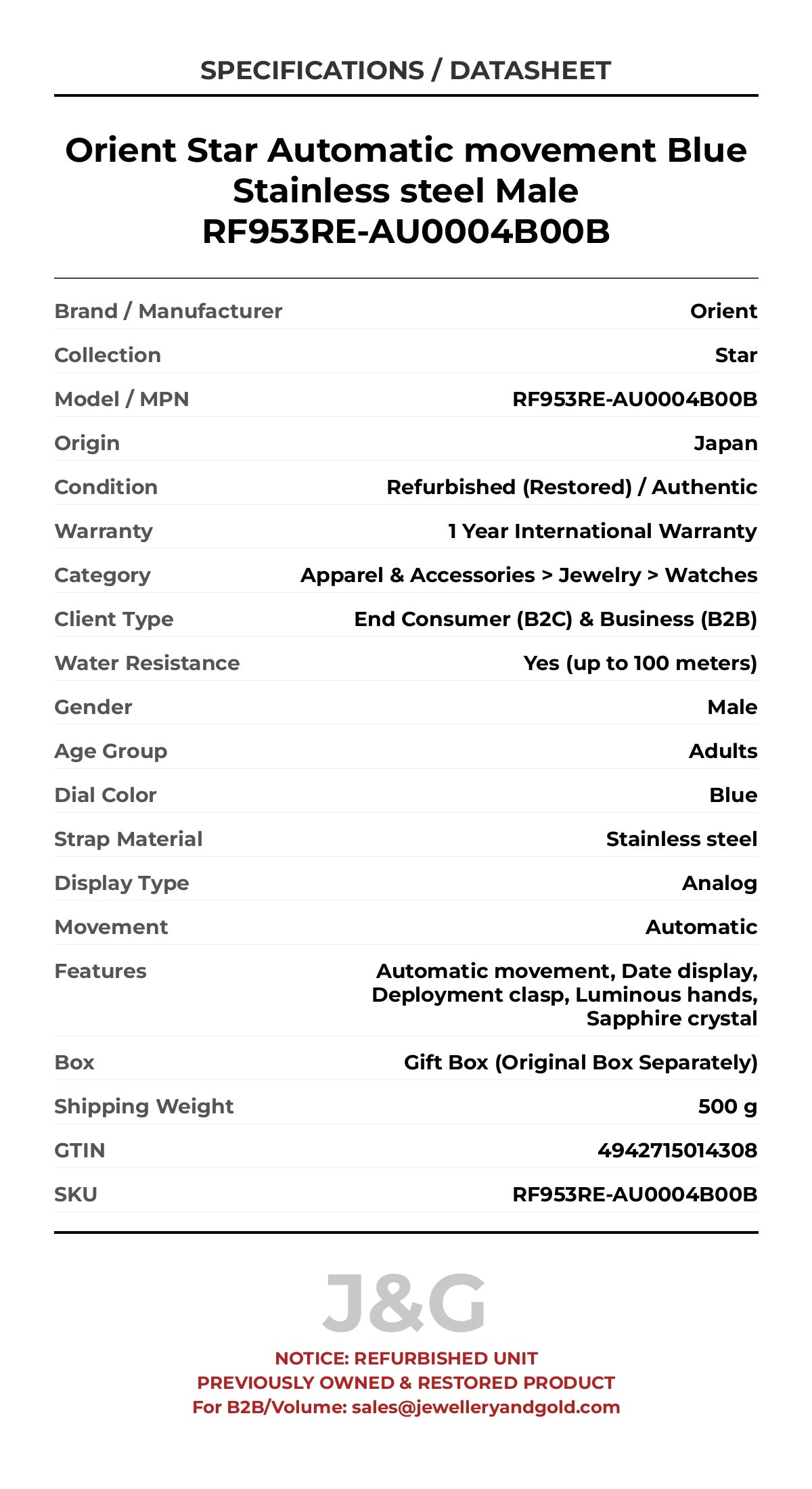 Orient Star Automatic movement Blue Stainless steel Male RF953RE-AU0004B00B - Specifications
