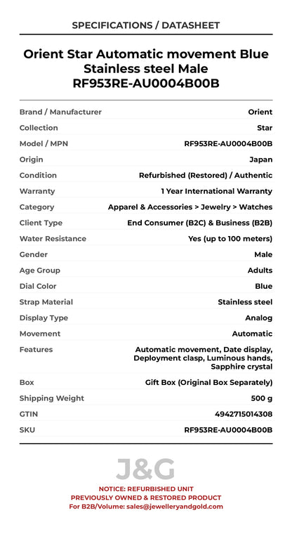 Orient Star Automatic movement Blue Stainless steel Male RF953RE-AU0004B00B - Specifications