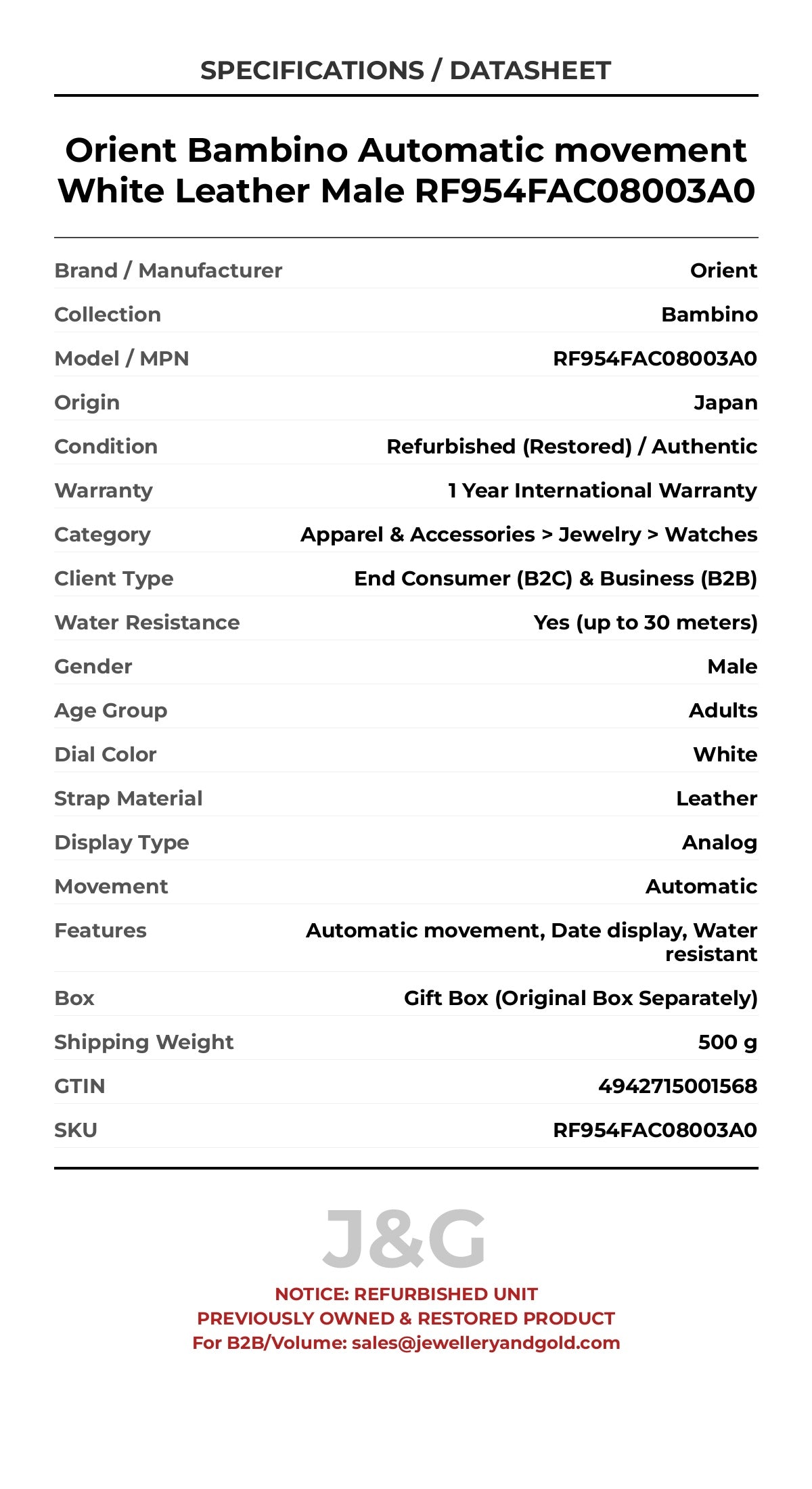 Orient Bambino Automatic movement White Leather Male RF954FAC08003A0 - Specifications