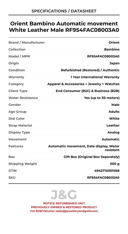 Orient Bambino Automatic movement White Leather Male RF954FAC08003A0 - Specifications